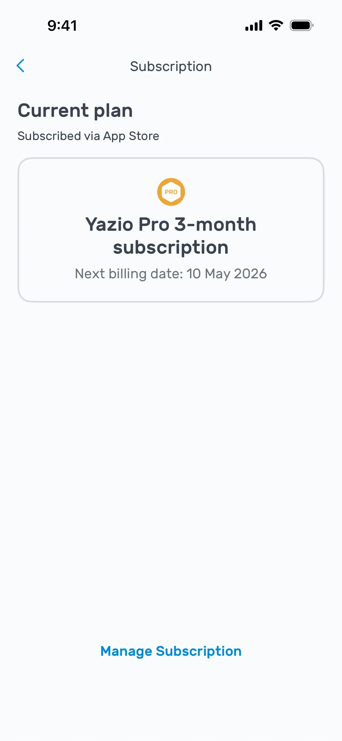 Yazio Subscription screen showing "Current plan — Subscribed via App Store", a Yazio Pro 3-month subscription card with next billing date, and a Manage Subscription link