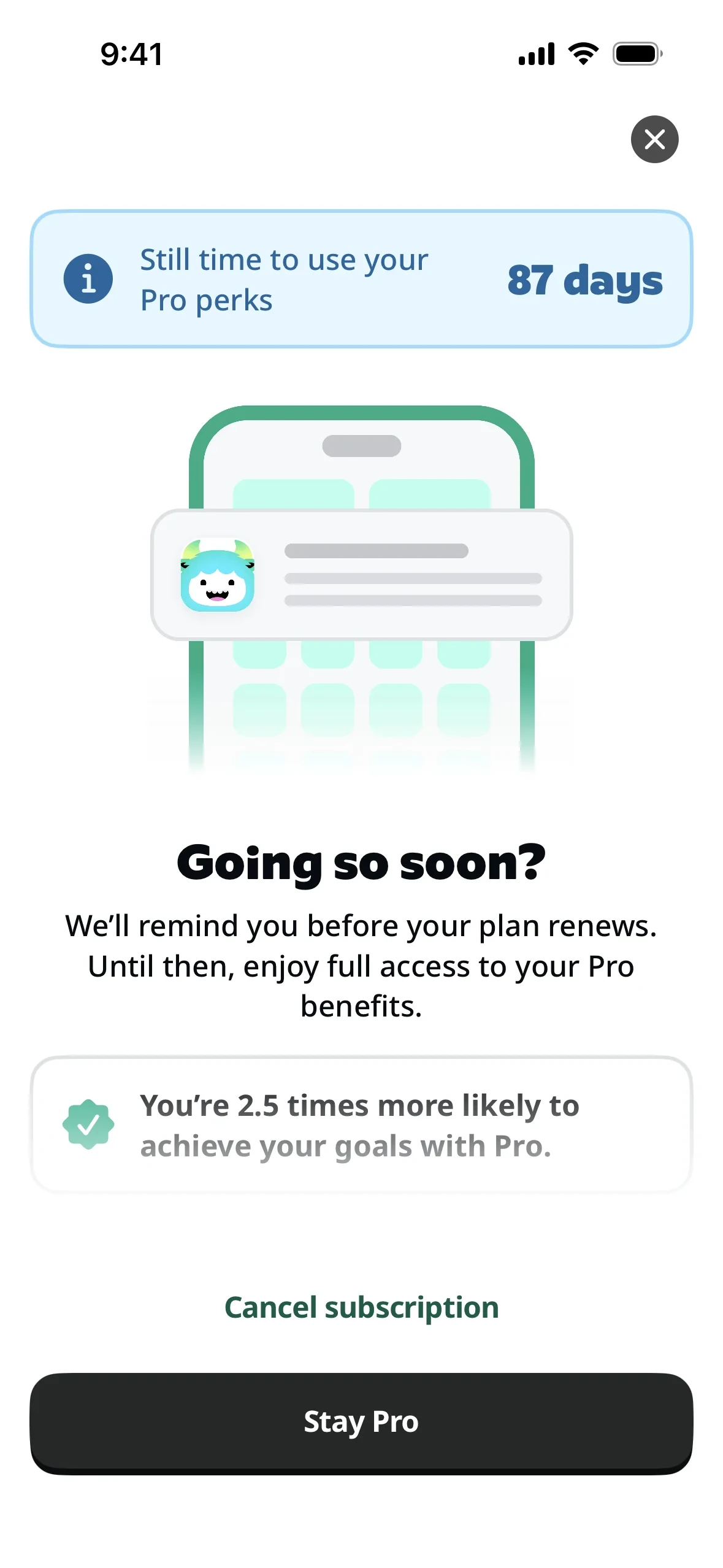 Yazio retention screen titled "Going so soon?" showing days remaining on the plan, a "2.5 times more likely to achieve your goals" badge, a Cancel subscription link, and a black Stay Pro button