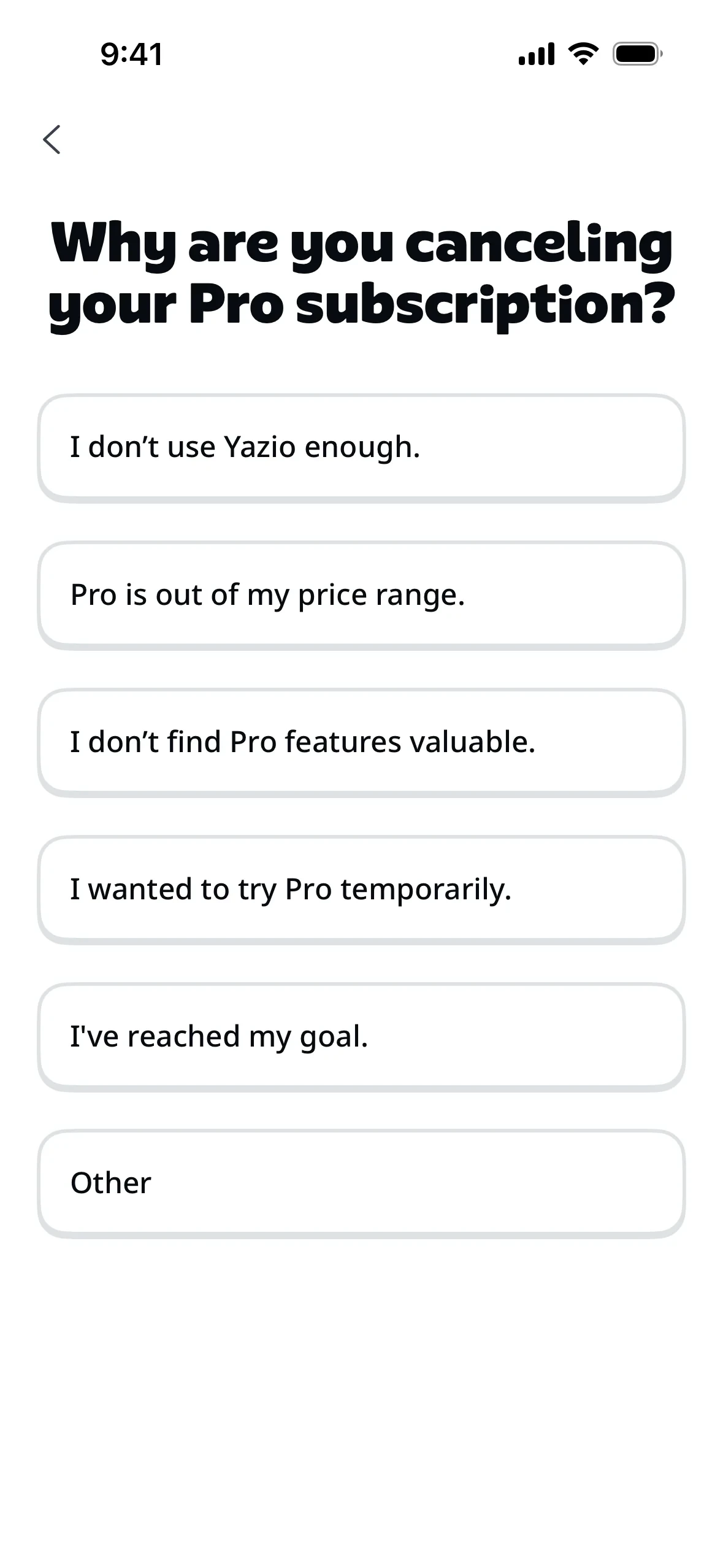 Yazio survey titled "Why are you canceling your Pro subscription?" listing five reasons including price, low usage, and goal reached, plus an Other option