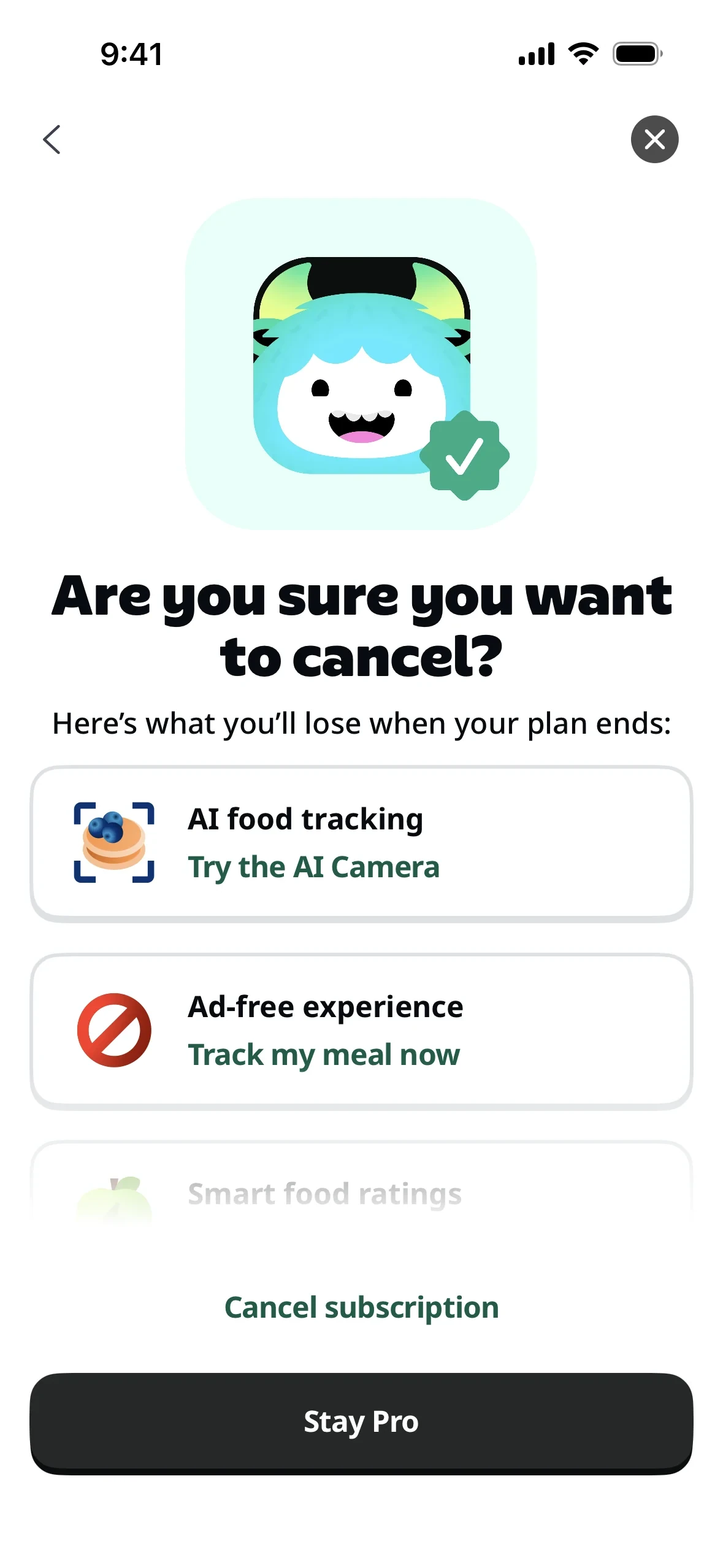 Yazio confirmation screen titled "Are you sure you want to cancel?" listing lost Pro features with a Cancel subscription link and a Stay Pro button