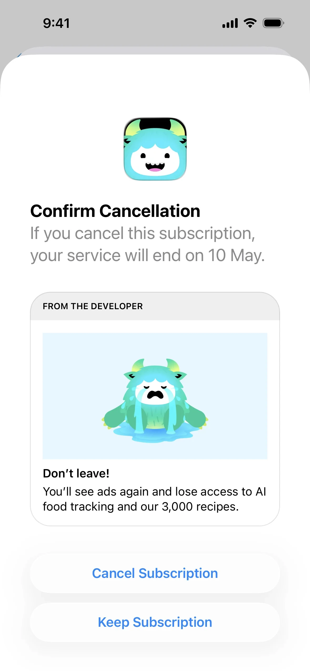 Apple system sheet titled "Confirm Cancellation" with a "From the developer — Don't leave!" retention message, a Cancel Subscription button, and a Keep Subscription button