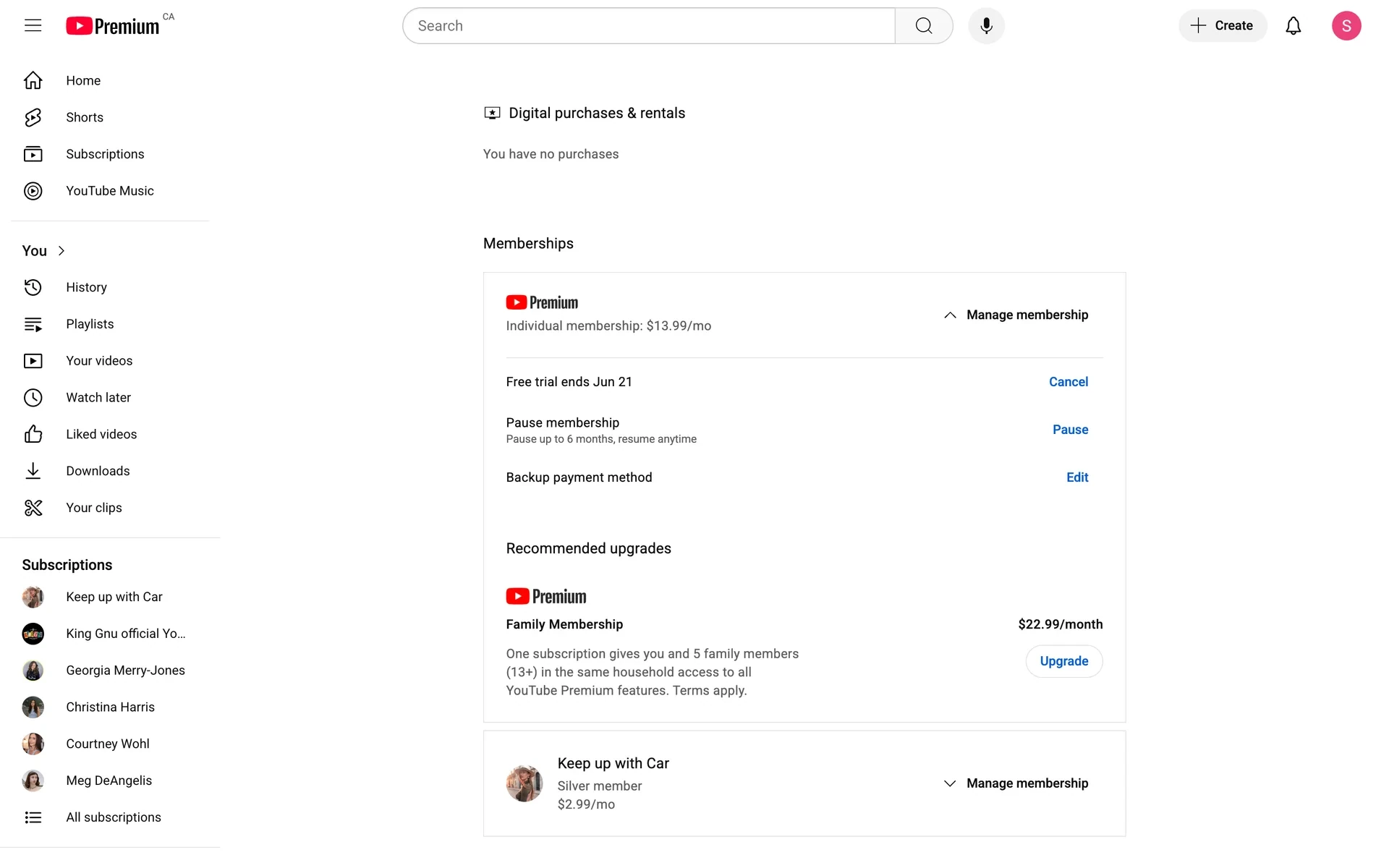 YouTube Premium memberships page showing Individual membership $13.99/mo, an expanded Manage membership panel with a Cancel link, Pause membership option, and a Family Membership $22.99/month upgrade offer below