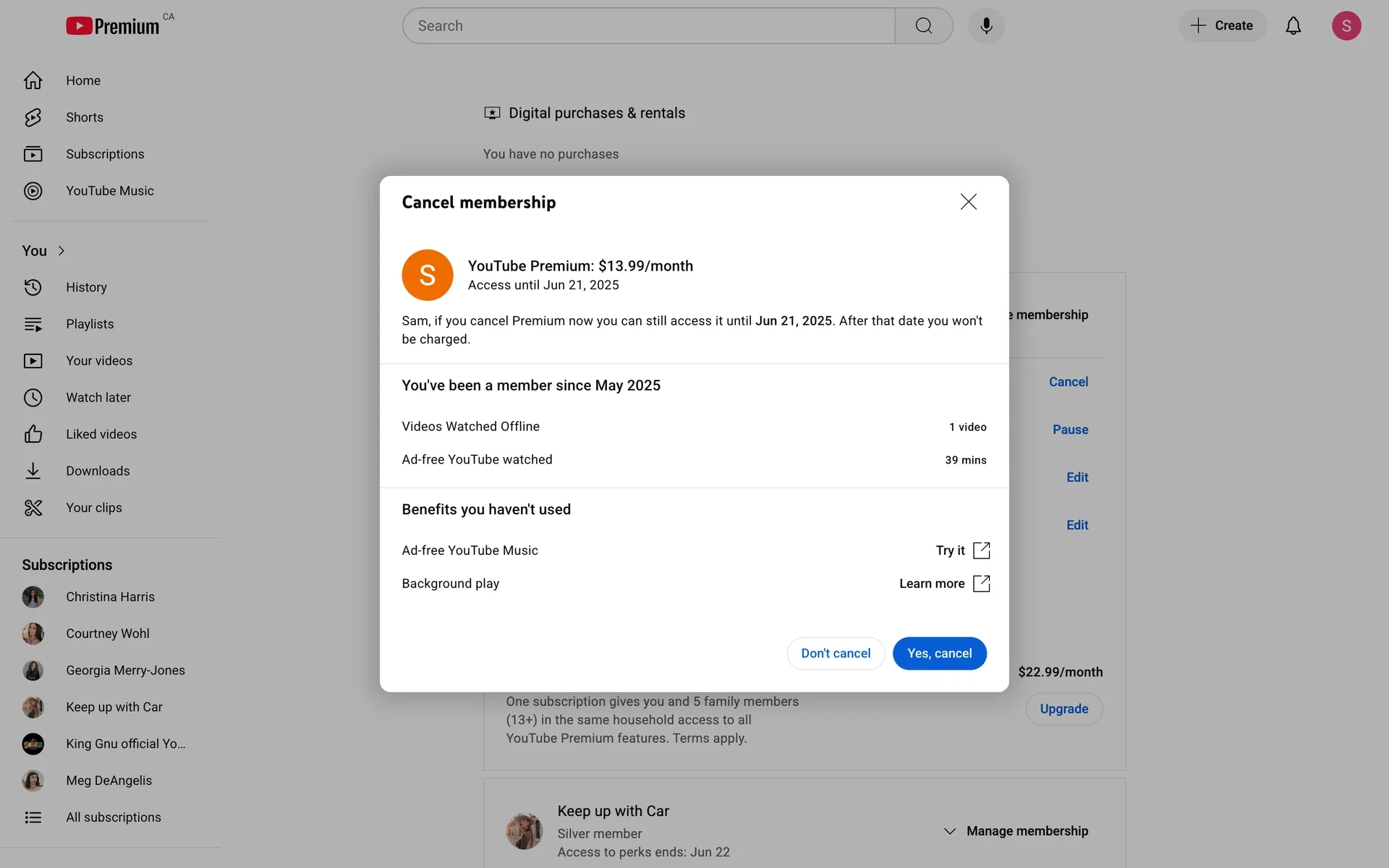 YouTube Premium Cancel membership dialog stating access until Jun 21, 2025, a member-since recap, a Benefits you haven't used section, and Don't cancel and Yes, cancel buttons