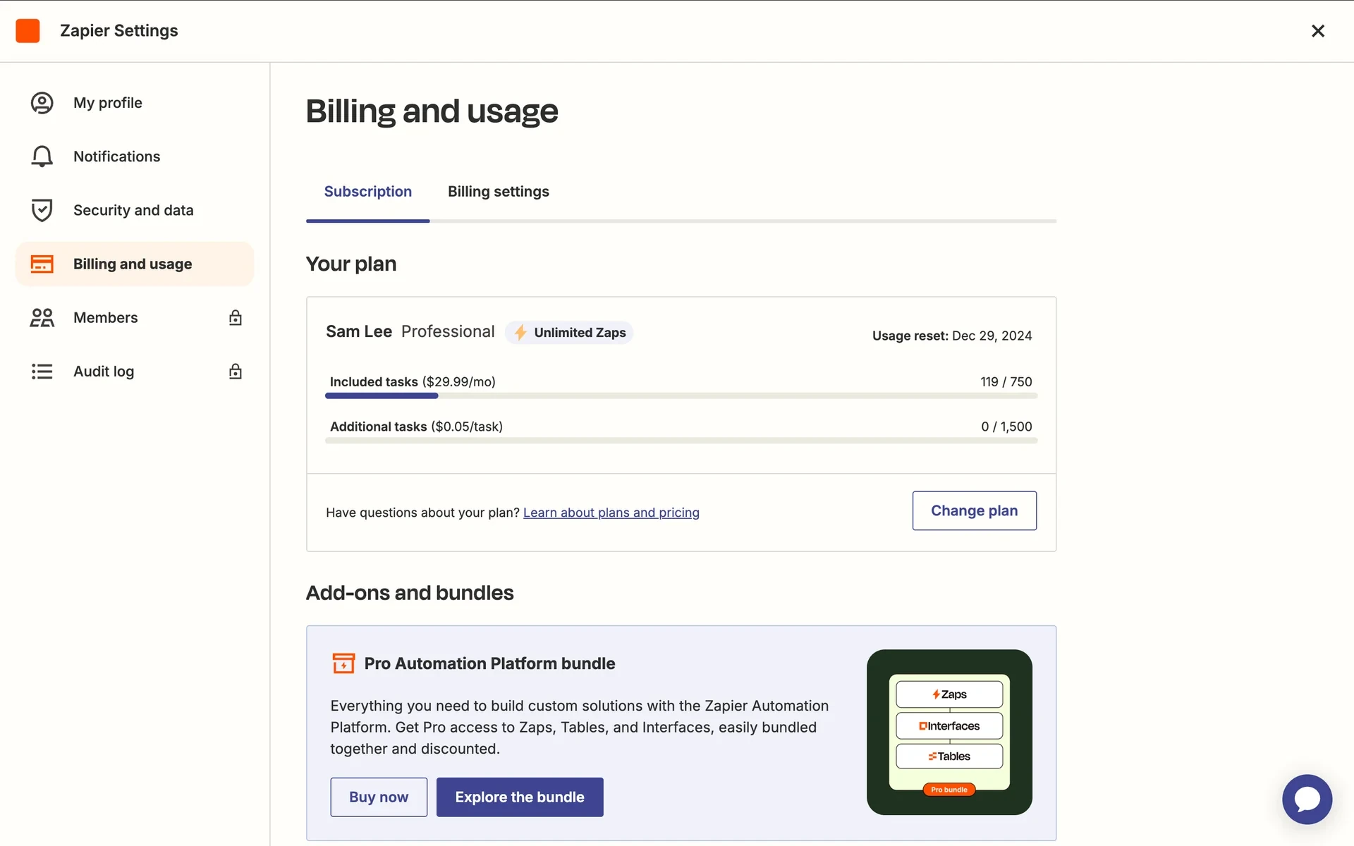 Zapier Billing and usage Subscription page showing a Professional plan with included tasks progress and a Change plan button