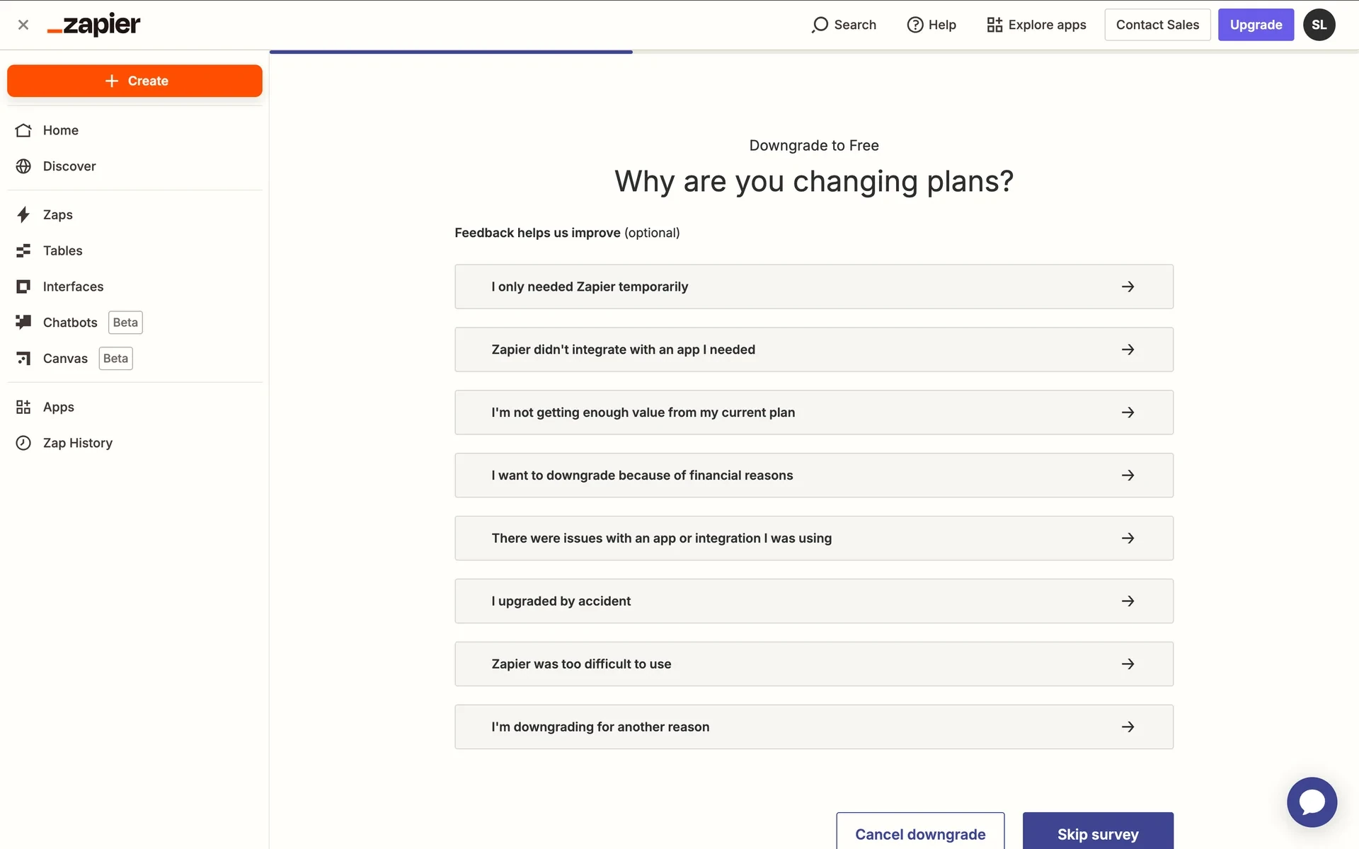 Zapier Downgrade to Free survey listing eight change reasons with Cancel downgrade and Skip survey buttons