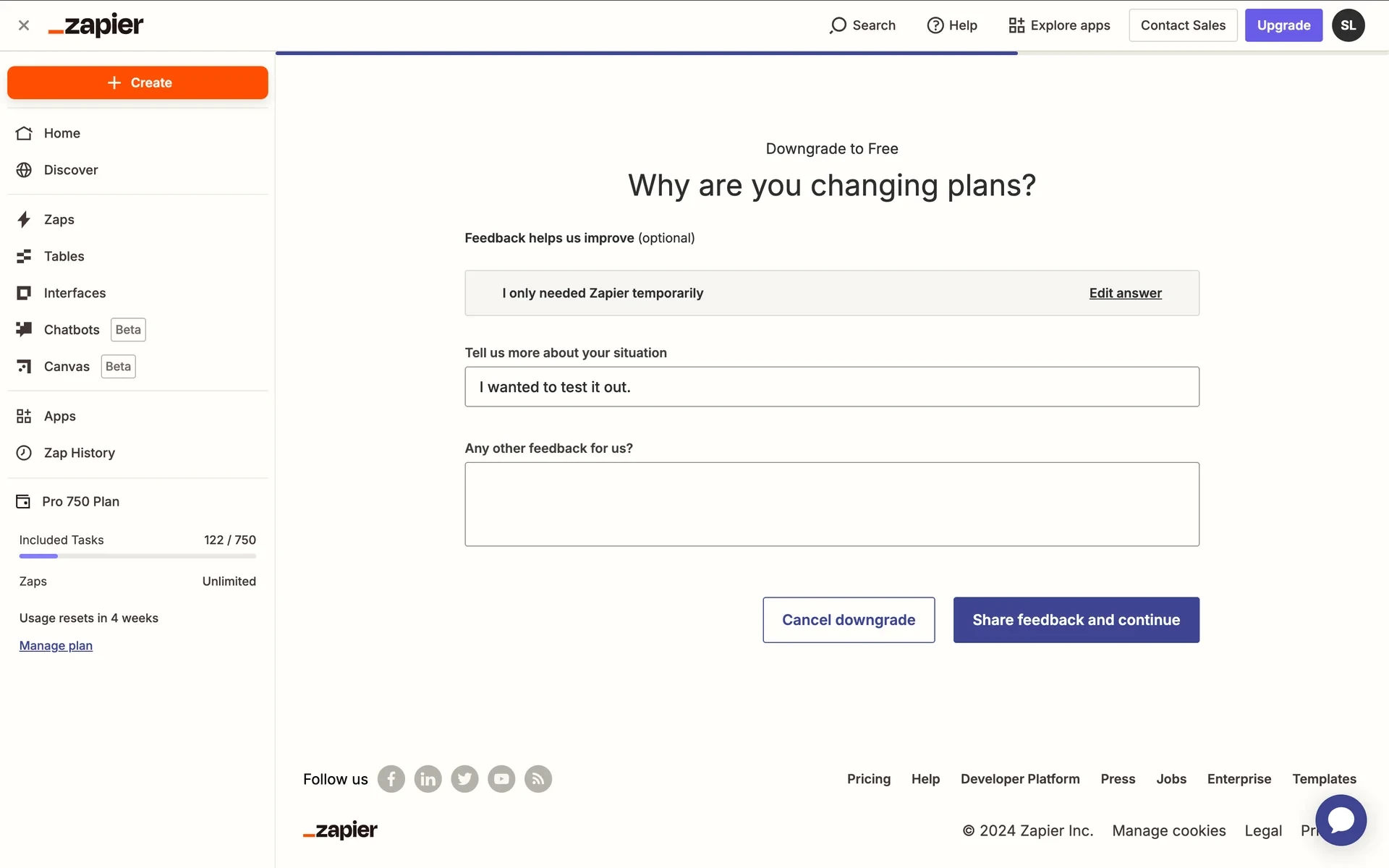 Zapier survey follow-up with I only needed Zapier temporarily selected, a short situation note filled in, and Share feedback and continue next to Cancel downgrade