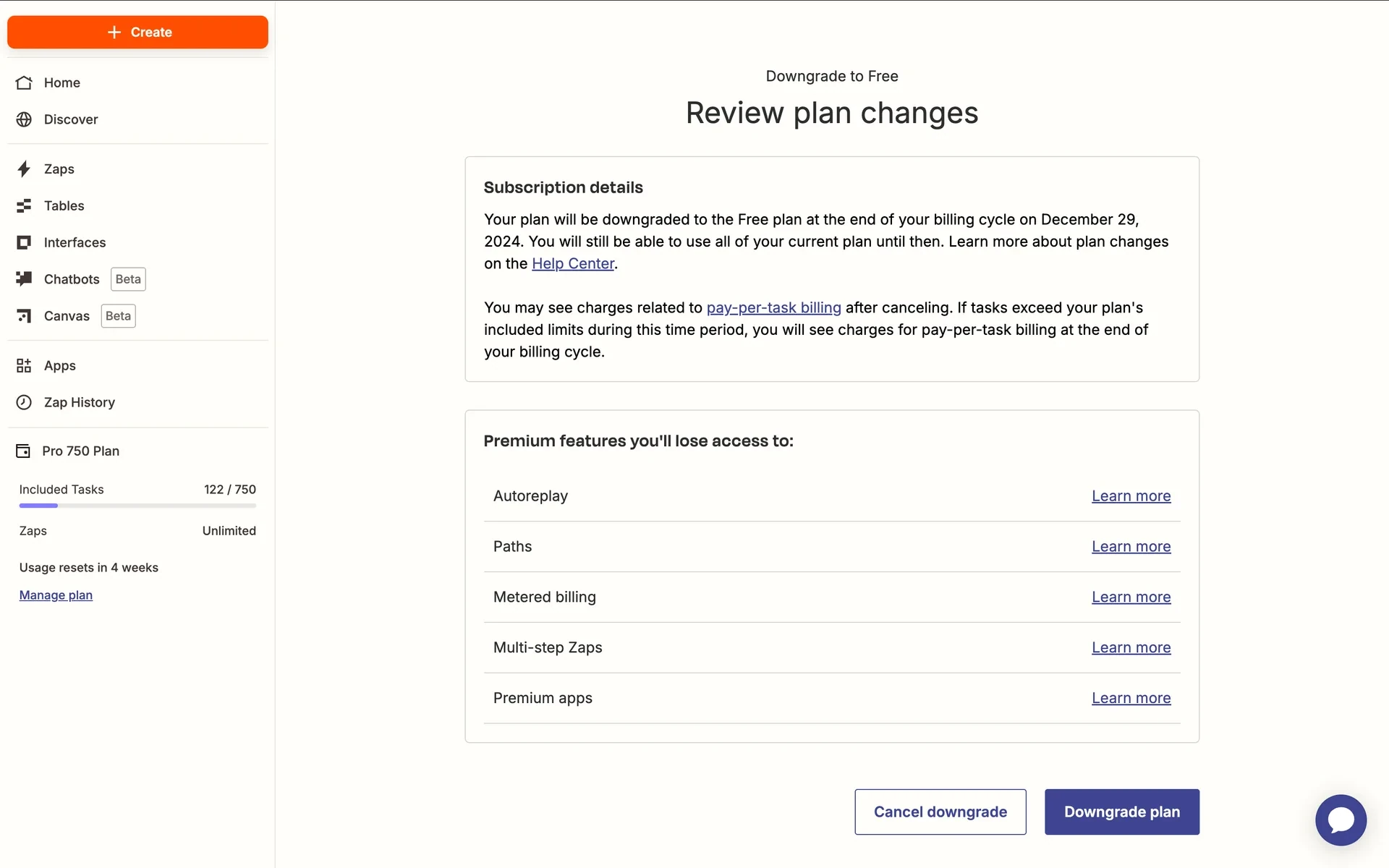Zapier Review plan changes screen stating Free starts at end of billing cycle, pay-per-task warning, premium features list, and Downgrade plan button