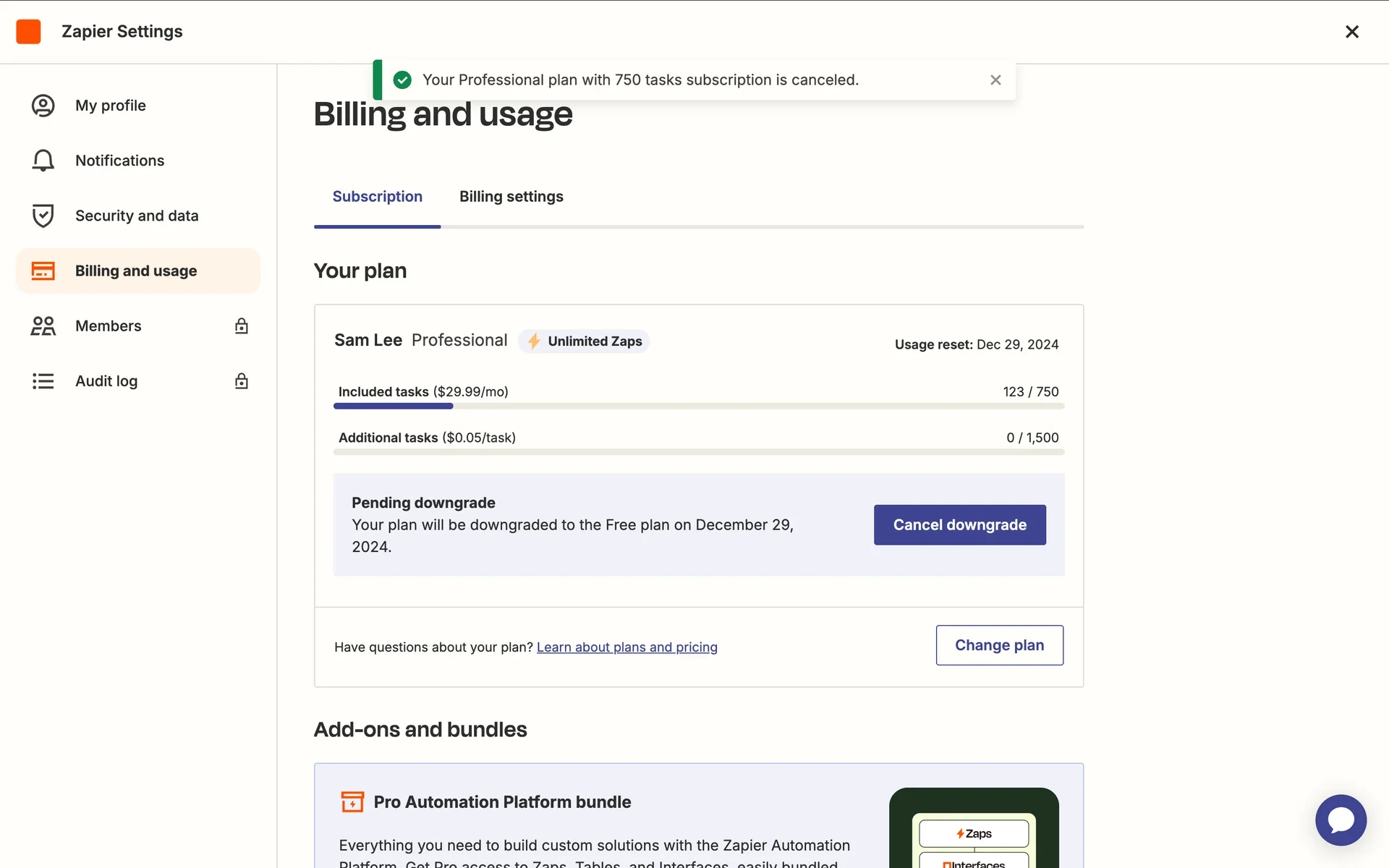 Zapier Billing page after cancel with green Your Professional plan subscription is canceled banner, Pending downgrade to Free date, and Cancel downgrade button