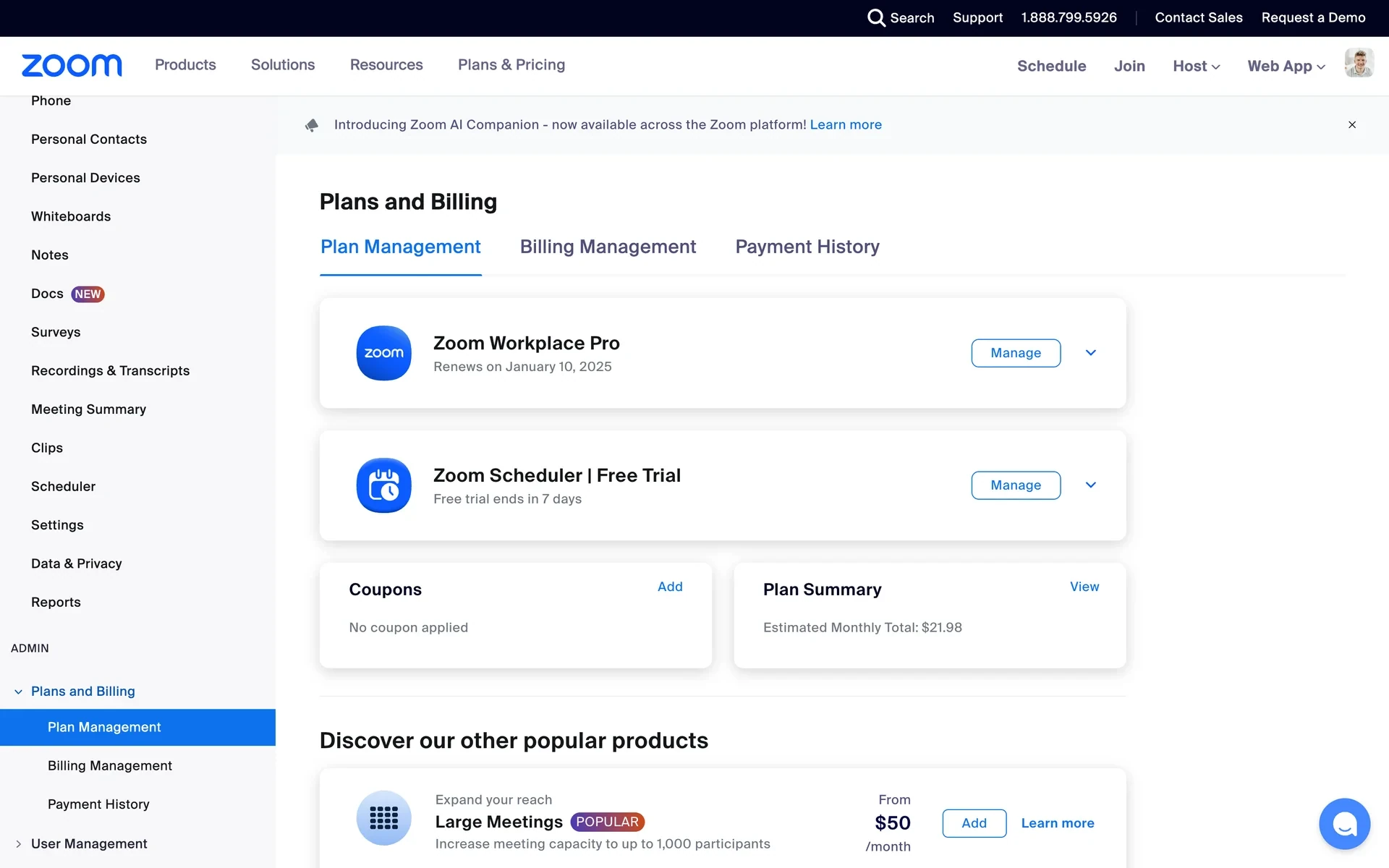 Zoom Plans and Billing page on the Plan Management tab, showing a Zoom Workplace Pro subscription with renewal date and a Manage button, plus a Zoom Scheduler free trial row below it