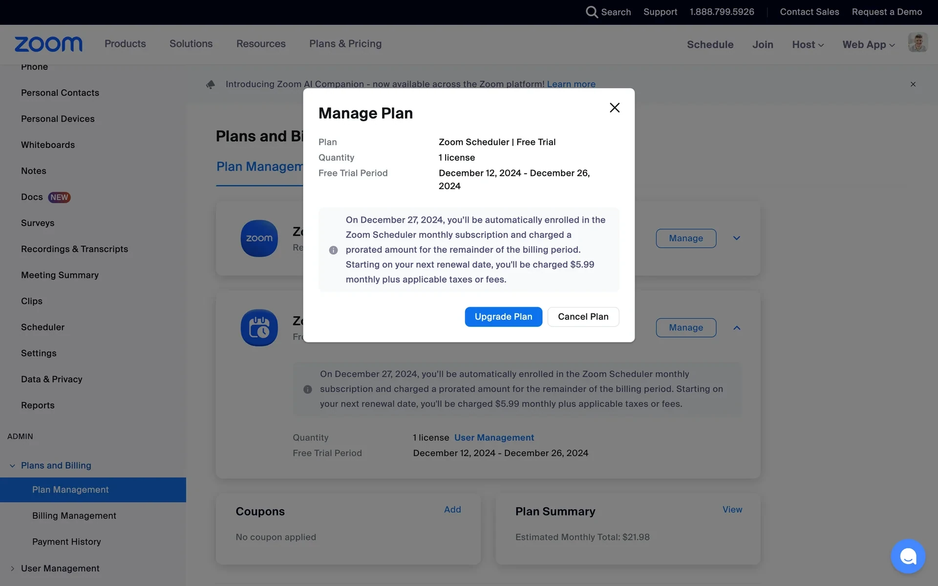 Zoom Manage Plan modal for the Zoom Scheduler free trial showing plan details, a proration notice, and Upgrade Plan and Cancel Plan buttons at the bottom
