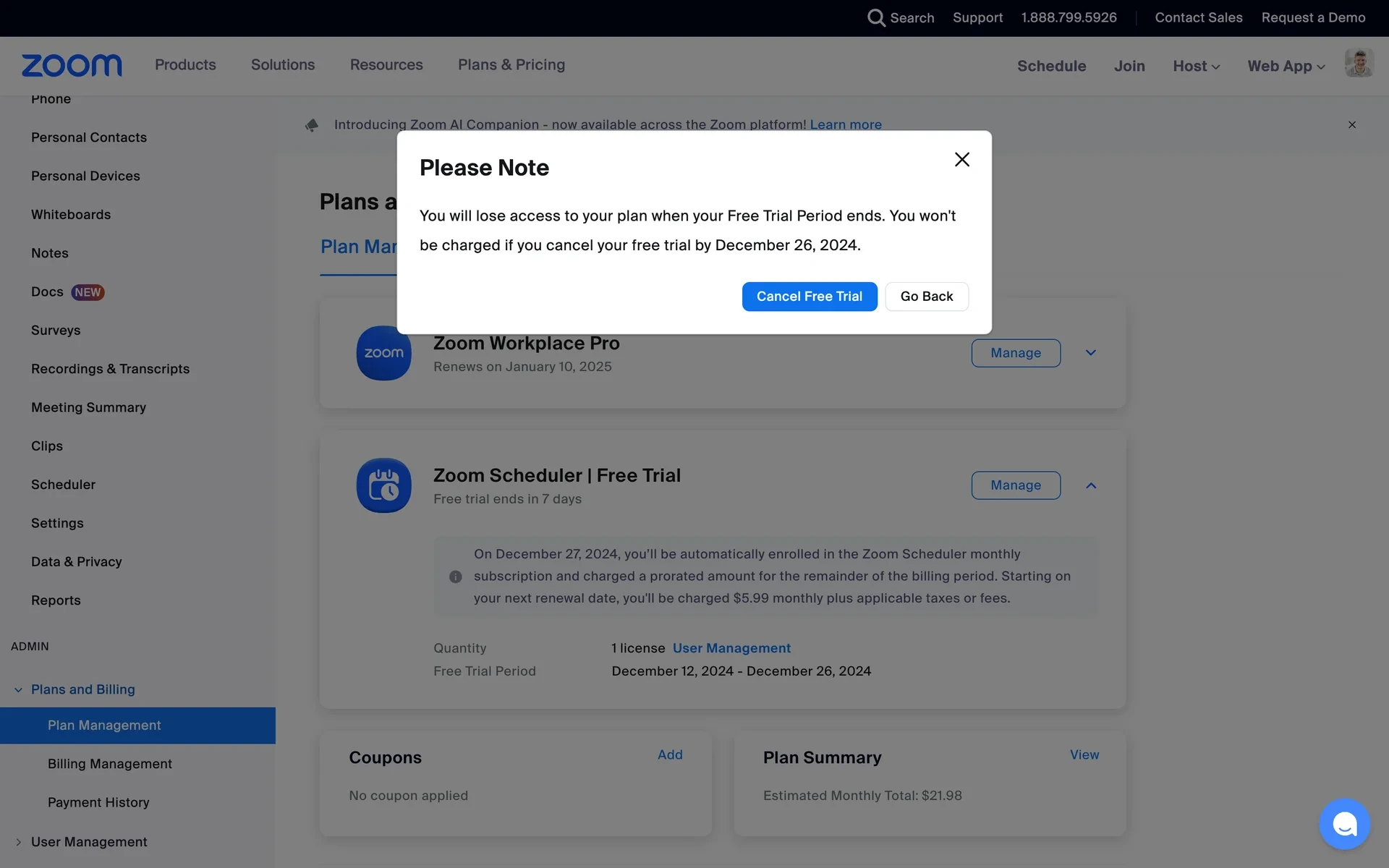 Zoom "Please Note" dialog warning that you will lose access when the free trial period ends, with the exact end date and Cancel Free Trial and Go Back buttons